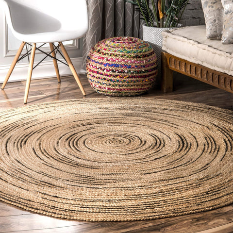 Beige Blue Jute Braided Round Rugfor Living Room – Abstract handmade by LoomifyHome
