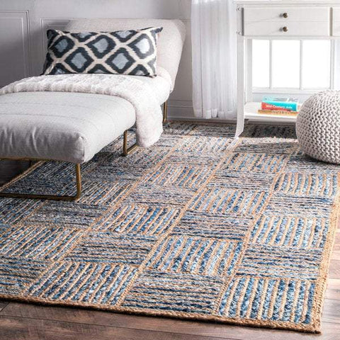 Beige Blue Jute Braided Area Rugfor Living Room – 8 x 10 handmade by LoomifyHome