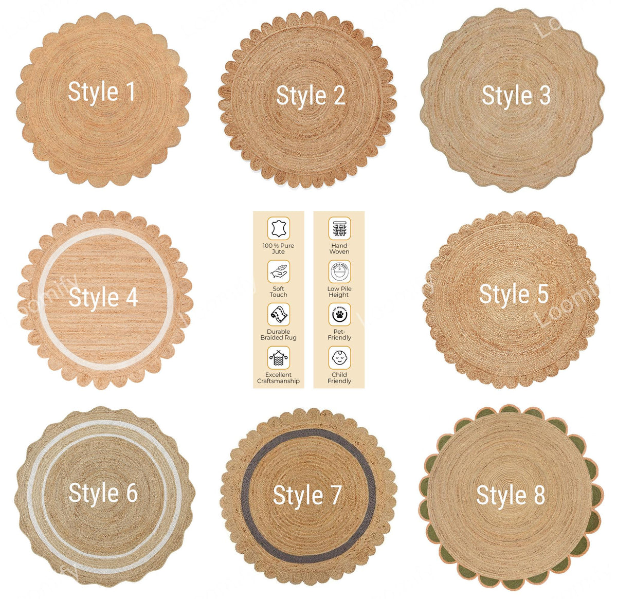 Round Natural Rug Scalloped Jute Round Rug Beige Eco Friendly Rug Round Braided Jute Area Rug Scallop Round jute Rug Circle