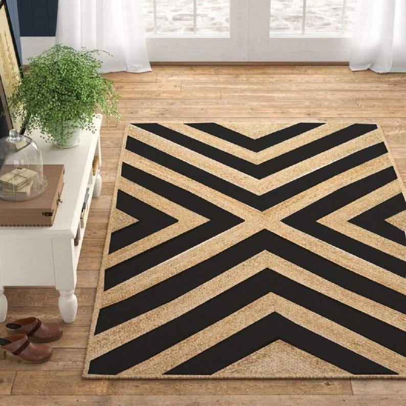 Black White Jute Braided Doormatfor Living Room handmade by LoomifyHome