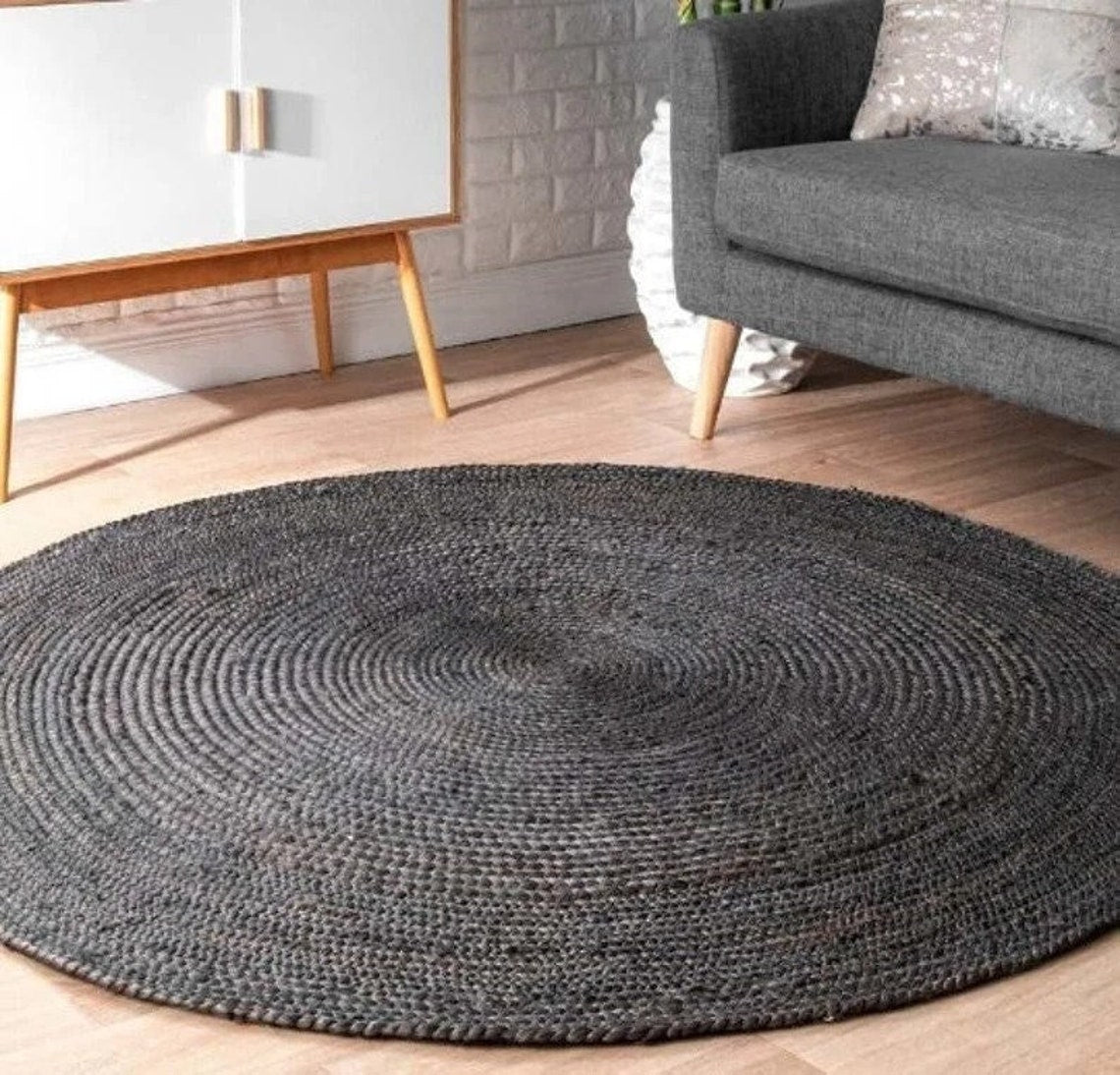 Black White Jute Braided Round Rugfor Living Room – Solid handmade by LoomifyHome