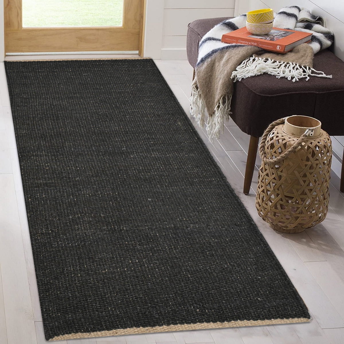 Black Beige Jute Braided Stair Runnerfor Living Room – Scalloped handmade by LoomifyHome