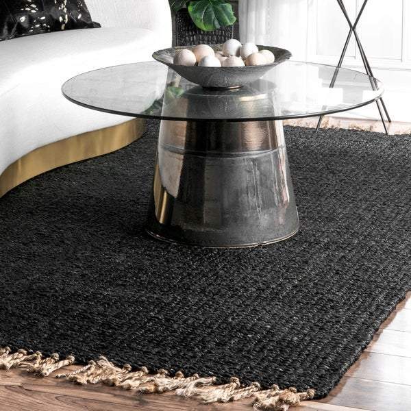 Black Beige Jute Braided Oval Rugfor Living Room handmade by LoomifyHome