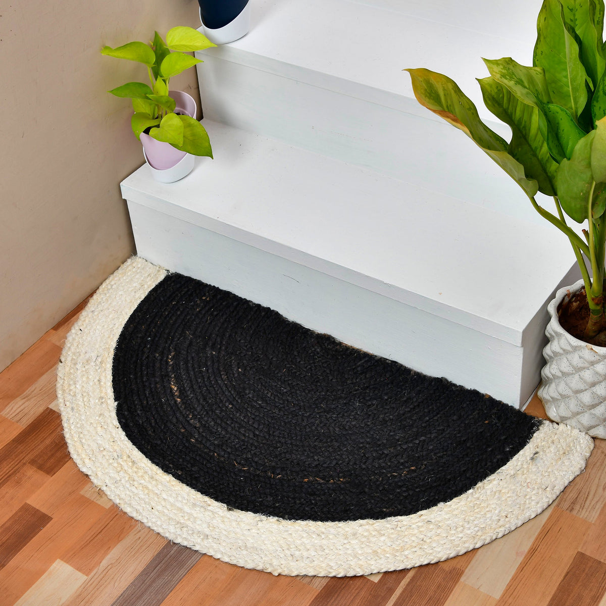 Black White Jute Braided Half Moon Doormatfor Living Room handmade by LoomifyHome