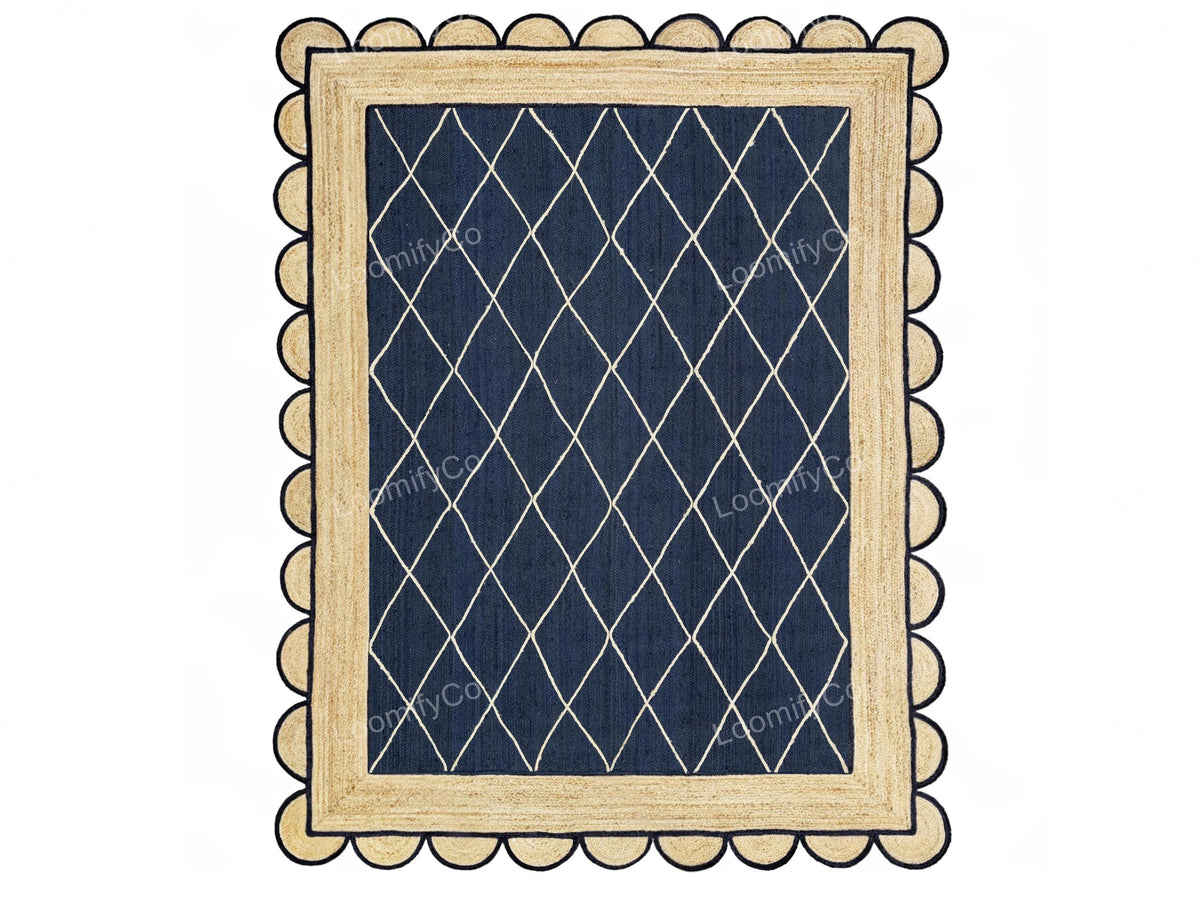 Navy Jute Rug- Scallop Jute Rug Scalloped Jute Rug Jute Scallop Rug Boho Decor Jute Rug Scalloped Border Rug Handbraided Rug