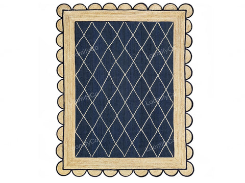 Navy Jute Rug- Scallop Jute Rug Scalloped Jute Rug Jute Scallop Rug Boho Decor Jute Rug Scalloped Border Rug Handbraided Rug
