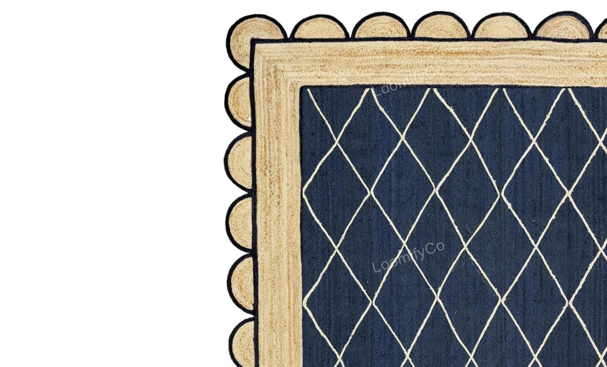 Navy Jute Rug- Scallop Jute Rug Scalloped Jute Rug Jute Scallop Rug Boho Decor Jute Rug Scalloped Border Rug Handbraided Rug