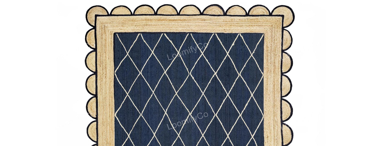 Navy Jute Rug- Scallop Jute Rug Scalloped Jute Rug Jute Scallop Rug Boho Decor Jute Rug Scalloped Border Rug Handbraided Rug