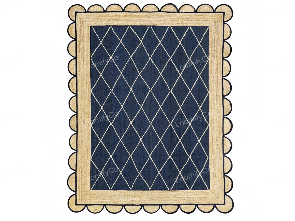 Navy Jute Rug- Scallop Jute Rug Scalloped Jute Rug Jute Scallop Rug Boho Decor Jute Rug Scalloped Border Rug Handbraided Rug