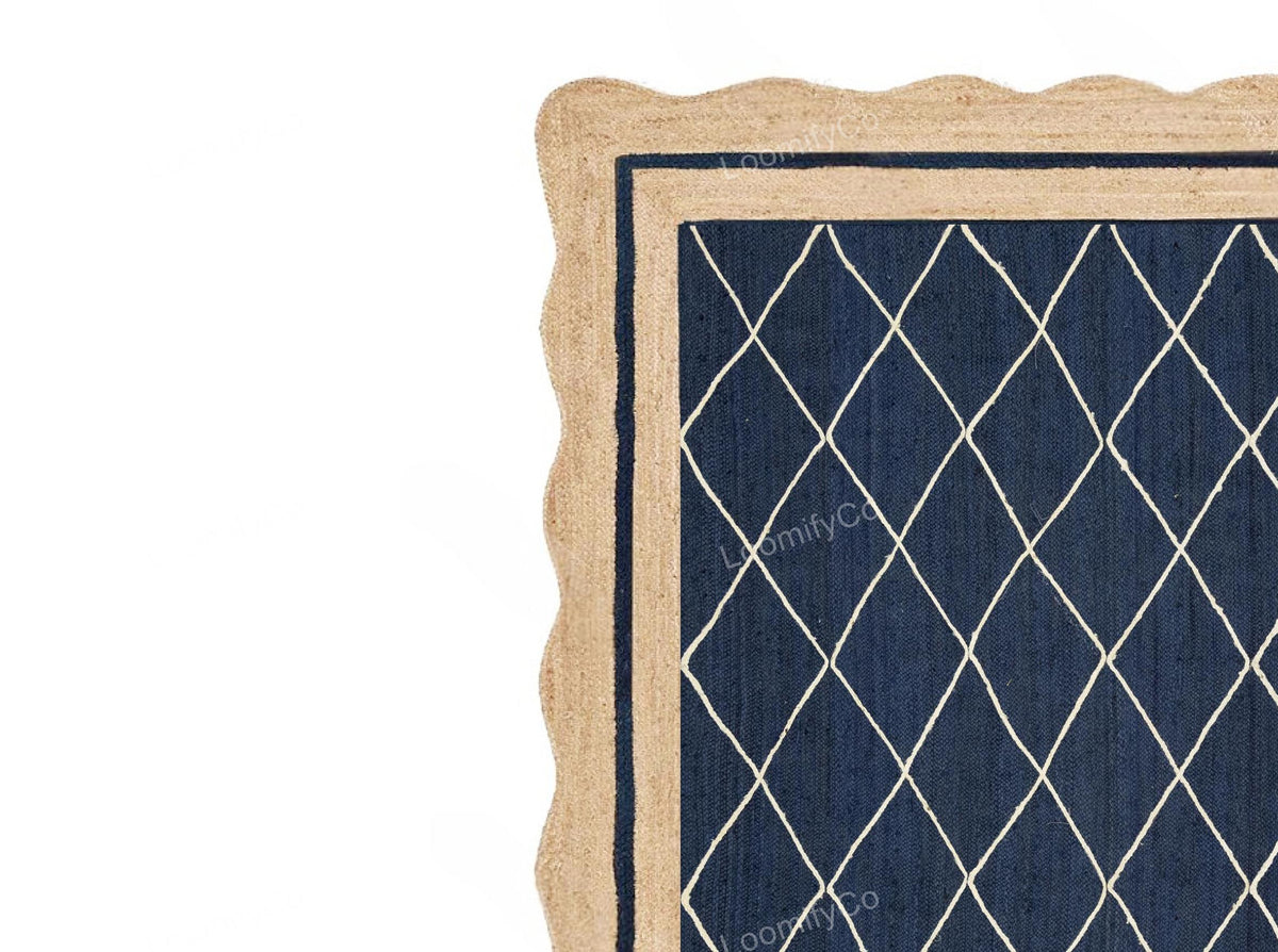 Wavy Navy Jute Scallop Rug Wave Scalloped Jute Rug Scalloped Rug Boho Decor Rug Scalloped Border Rug Hand braided Rug Custom