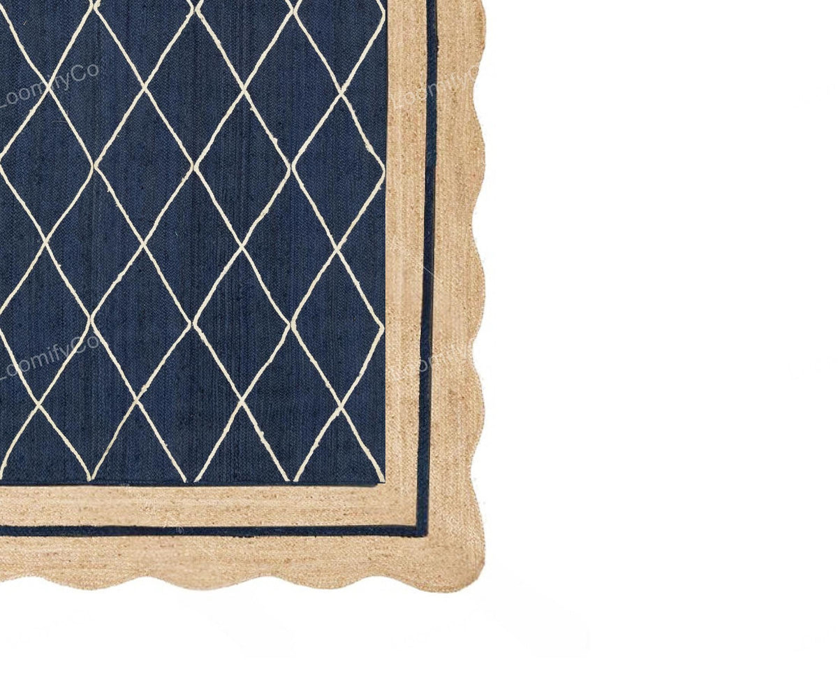 Wavy Navy Jute Scallop Rug Wave Scalloped Jute Rug Scalloped Rug Boho Decor Rug Scalloped Border Rug Hand braided Rug Custom