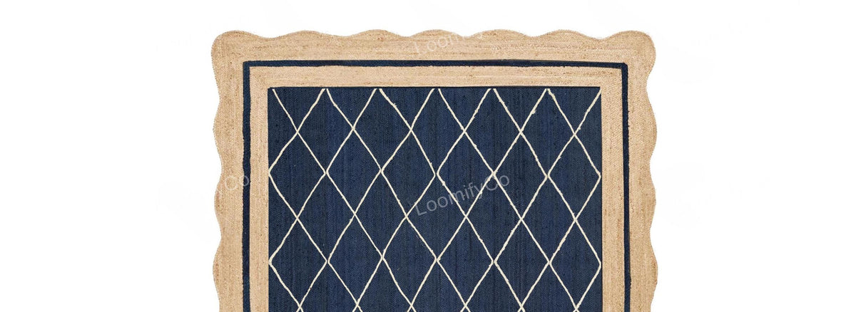 Wavy Navy Jute Scallop Rug Wave Scalloped Jute Rug Scalloped Rug Boho Decor Rug Scalloped Border Rug Hand braided Rug Custom