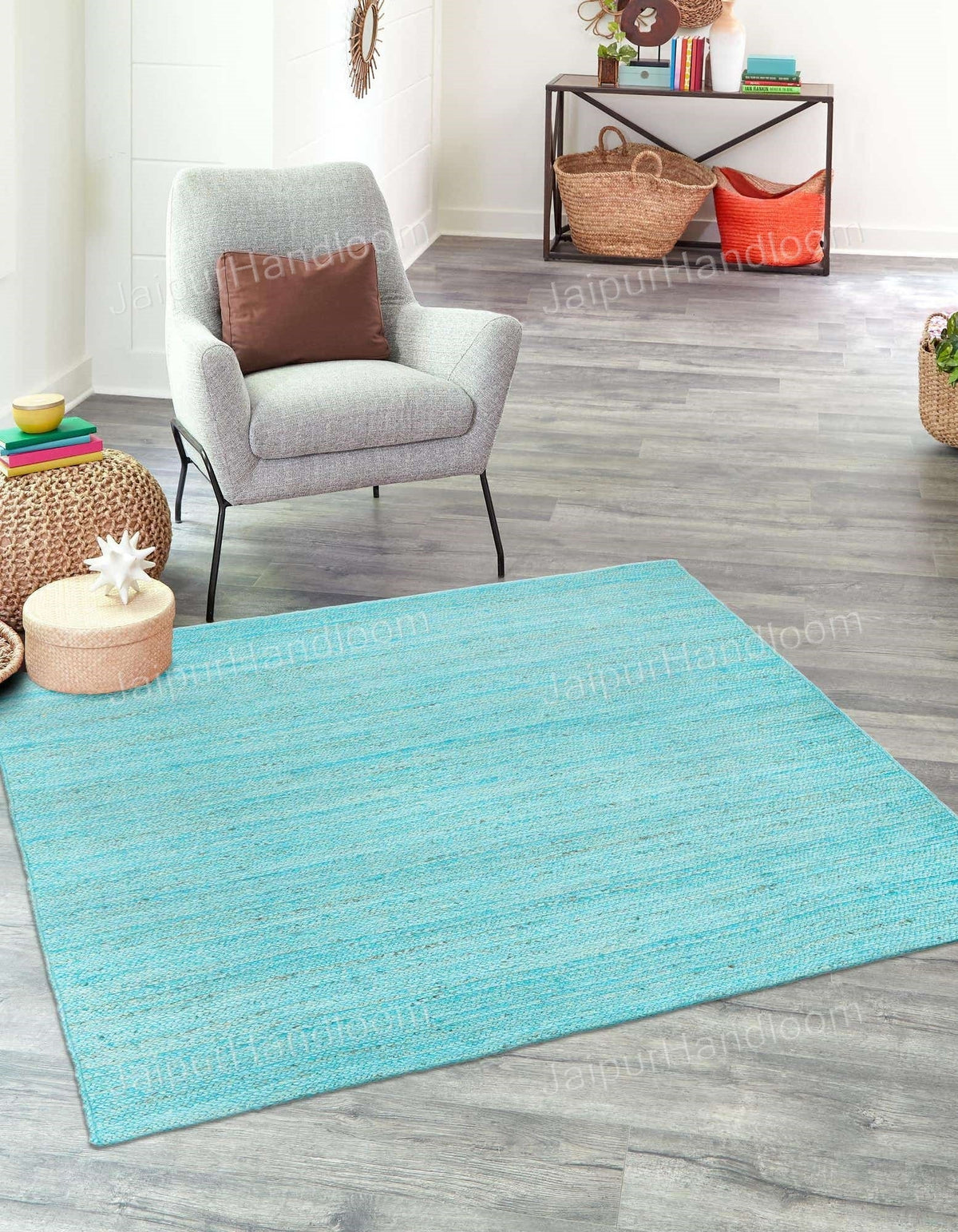 Beige Blue Jute Braided Runner Rugfor Living Room – Bohemian handmade by LoomifyHome