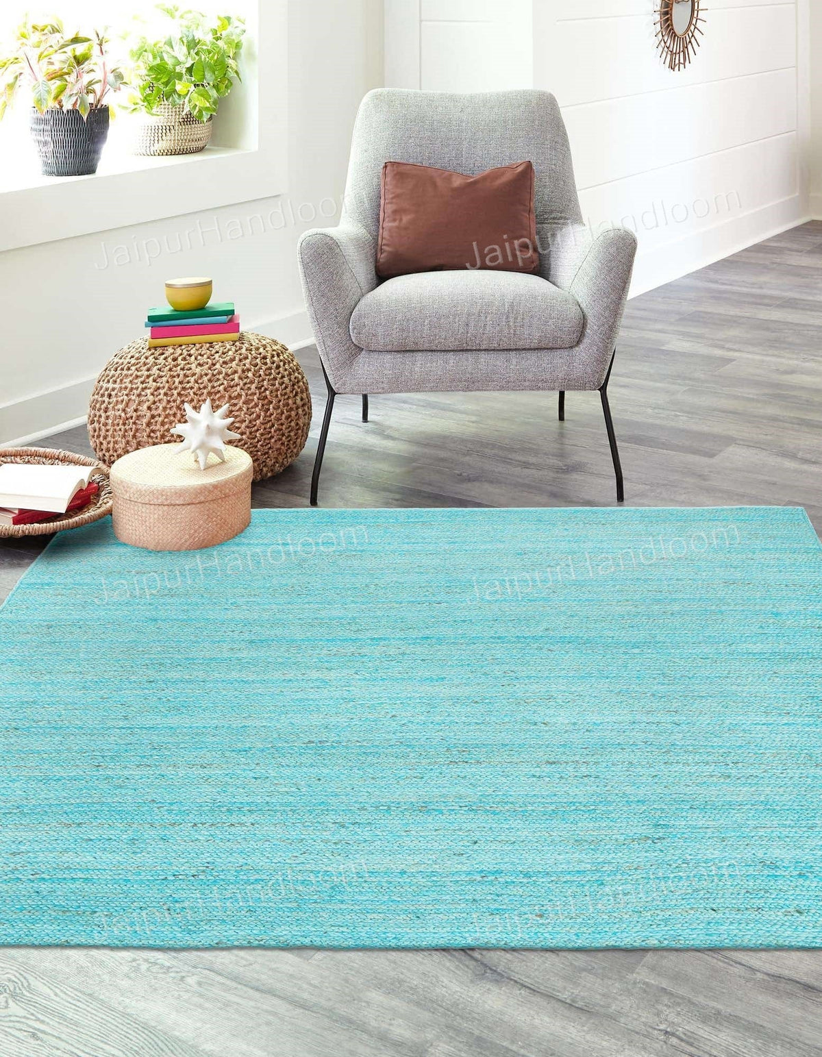 Beige Blue Jute Braided Runner Rugfor Living Room – Bohemian handmade by LoomifyHome