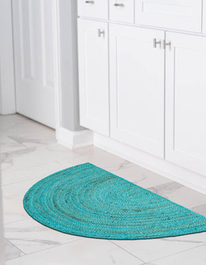White Beige Jute Braided Half Moon Doormatfor Living Room – Turquoise handmade by LoomifyHome