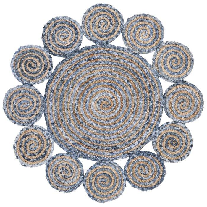 Beige Blue Jute Braided Round Rugfor Living Room – Denim handmade by LoomifyHome