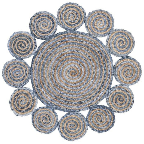 Beige Blue Jute Braided Round Rugfor Living Room – Denim handmade by LoomifyHome