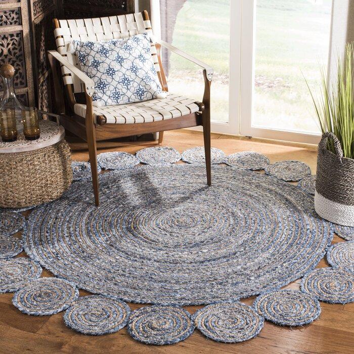Beige Blue Jute Braided Round Rugfor Living Room – Denim handmade by LoomifyHome
