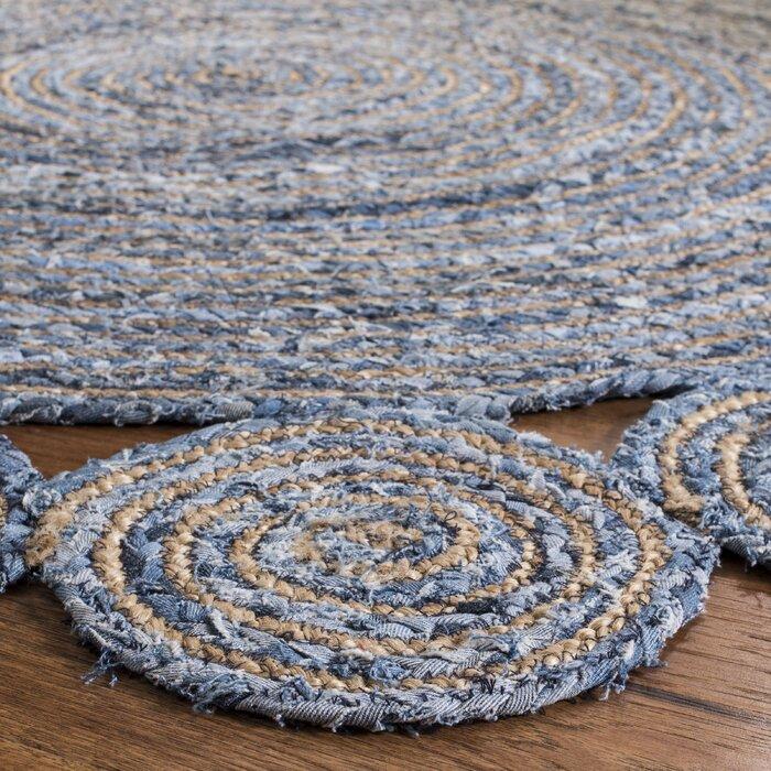 Beige Blue Jute Braided Round Rugfor Living Room – Denim handmade by LoomifyHome