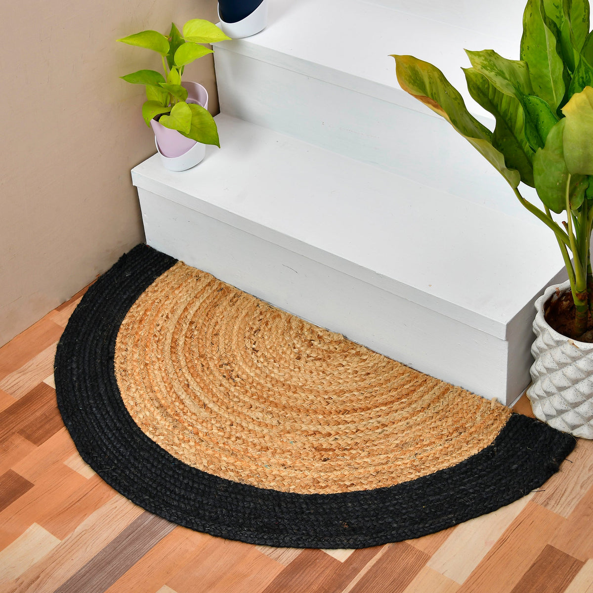White Beige Jute Braided Half Moon Doormatfor Living Room – Handl handmade by LoomifyHome