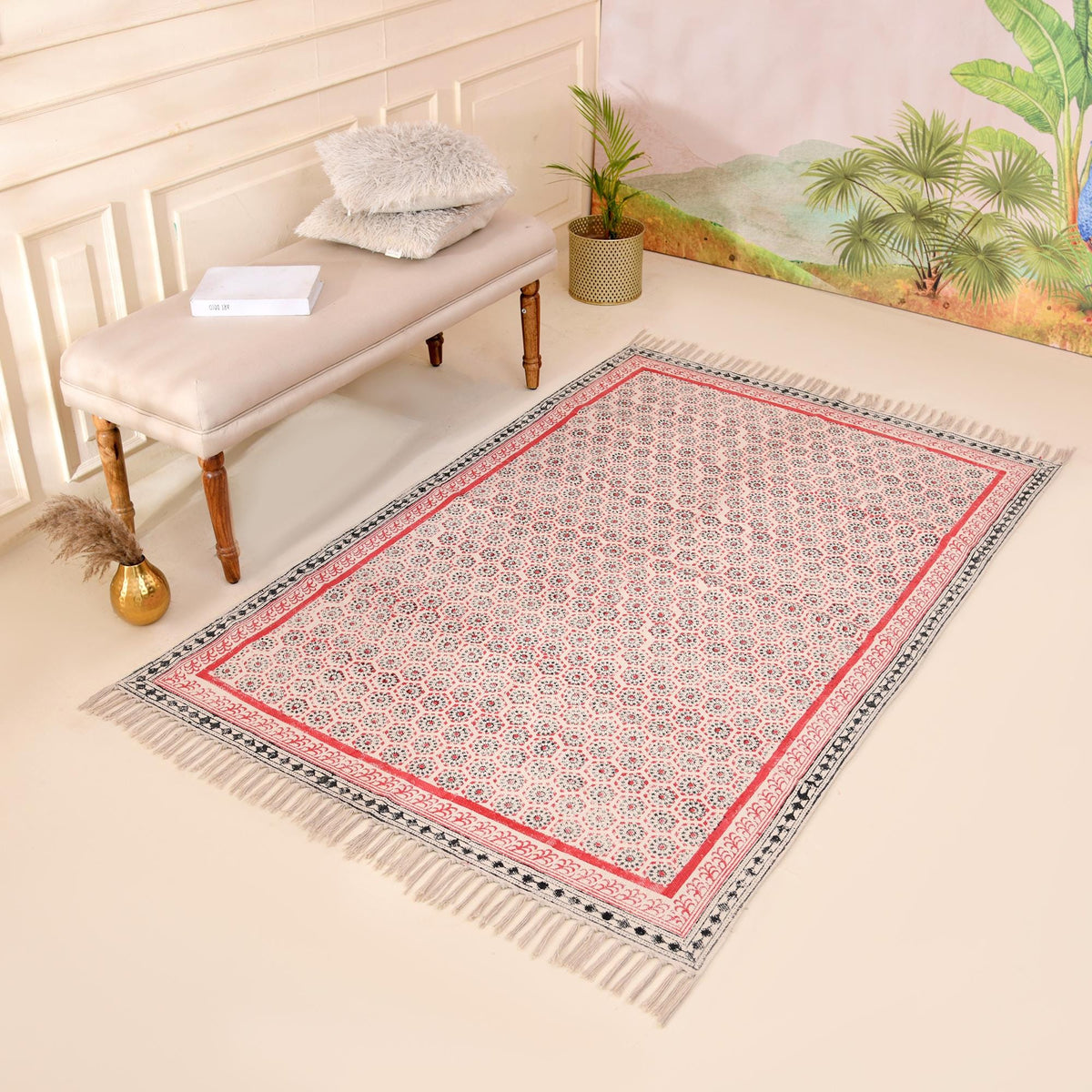 Custom Size Cotton Rug Boho Area Rug Cotton Carpet Handwoven Cotton Block Print Rug Washable Area Carpet for Living room,