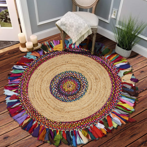 Beige Blue Jute Braided Round Rugfor Living Room – Kitchen handmade by LoomifyHome