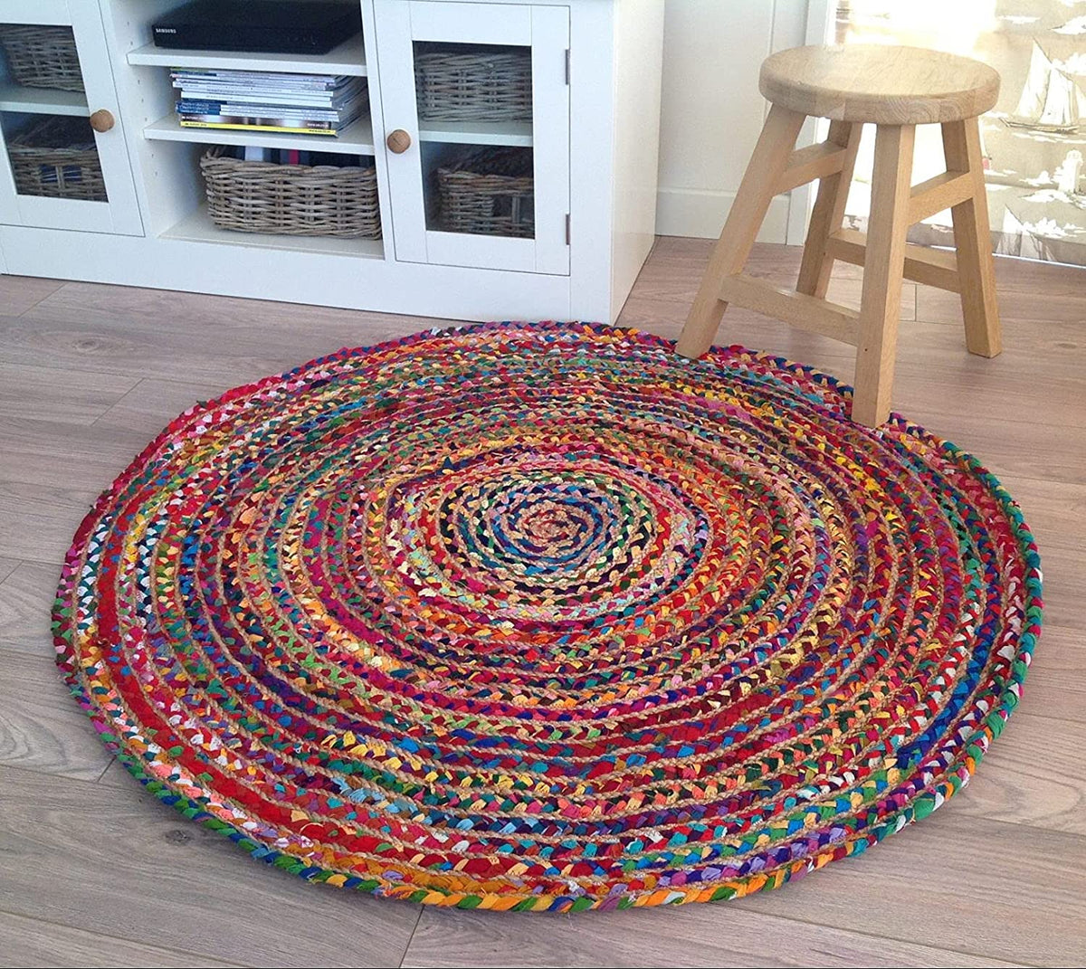 Beige Blue Jute Braided Round Rugfor Living Room – Meditation handmade by LoomifyHome
