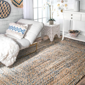 Beige Blue Jute Braided Runner Rugfor Living Room – Artisan Style One handmade by LoomifyHome