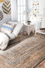 Beige Blue Jute Braided Runner Rugfor Living Room – Artisan Style One handmade by LoomifyHome