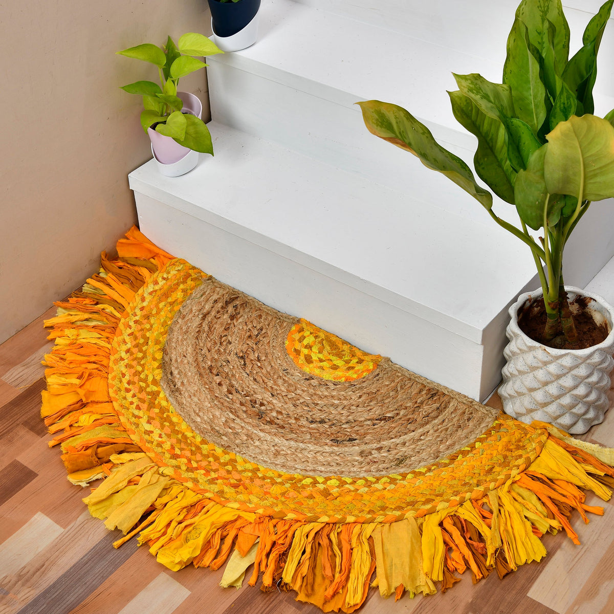 White Beige Jute Braided Half Moon Doormatfor Living Room – Bohemian handmade by LoomifyHome