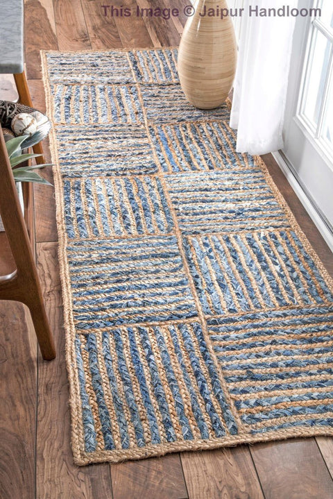 Beige Blue Jute Braided Area Rugfor Living Room – 2 x 6 handmade by LoomifyHome