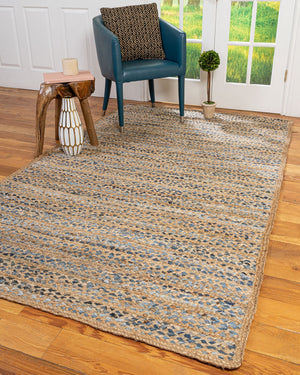 Beige Blue Jute Braided Oval Rugfor Living Room – Bohemian handmade by LoomifyHome