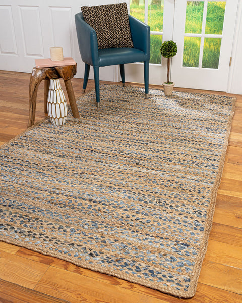 Beige Blue Jute Braided Oval Rugfor Living Room – Bohemian handmade by LoomifyHome