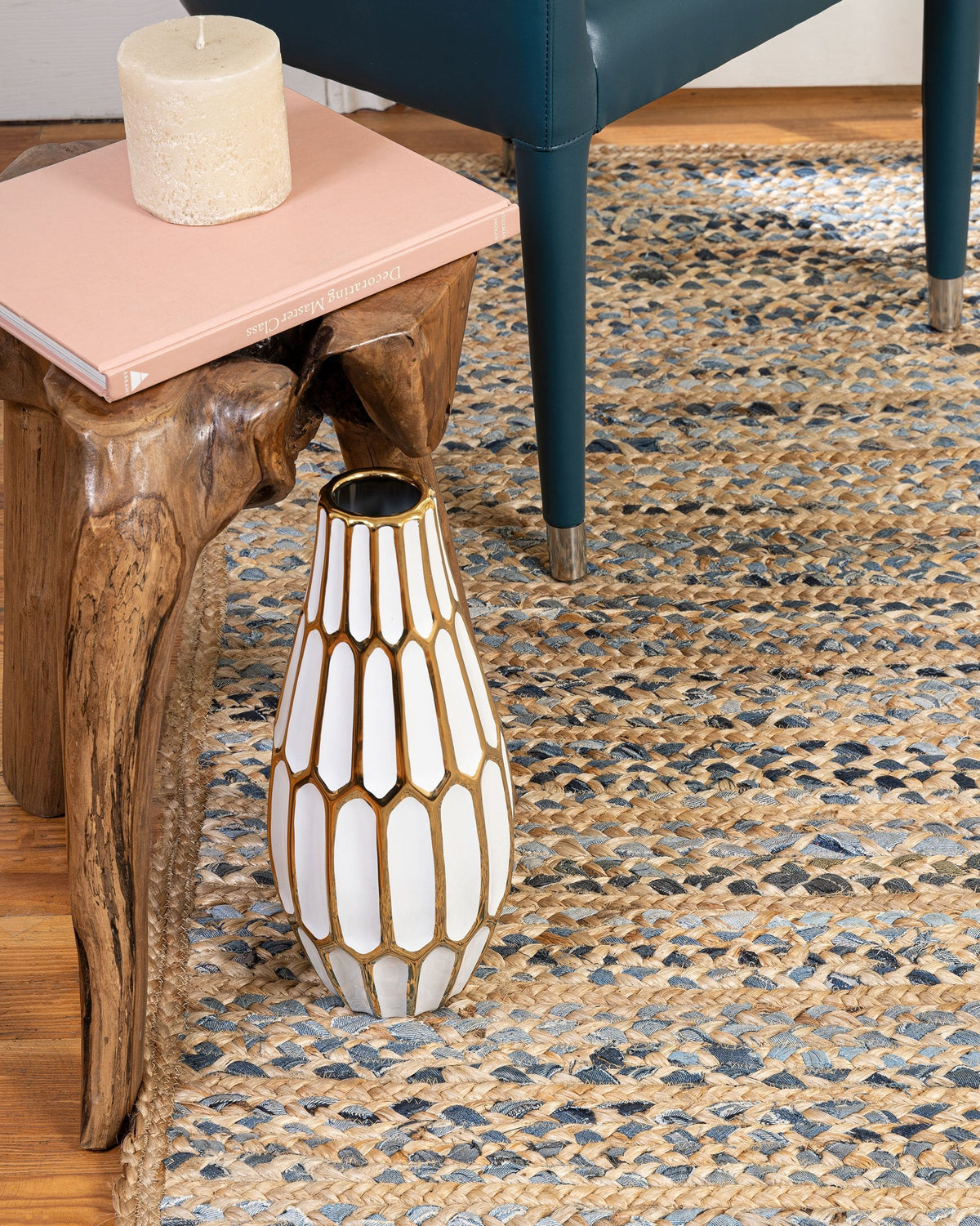 Beige Blue Jute Braided Oval Rugfor Living Room – Bohemian handmade by LoomifyHome