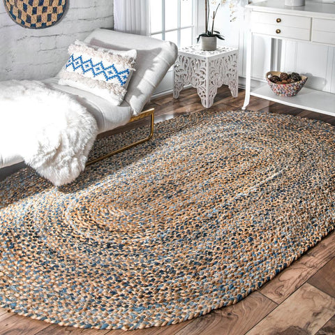 Blue Multicolor Jute Braided Oval Rugfor Living Room – 36 x 48 handmade by LoomifyHome