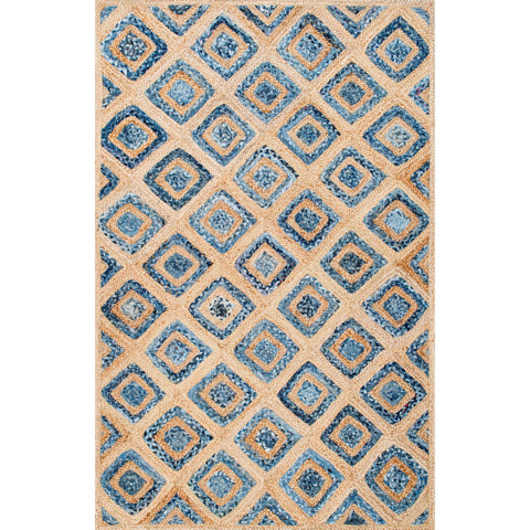Beige Blue Jute Braided Runner Rugfor Living Room – 8 x 10 handmade by LoomifyHome