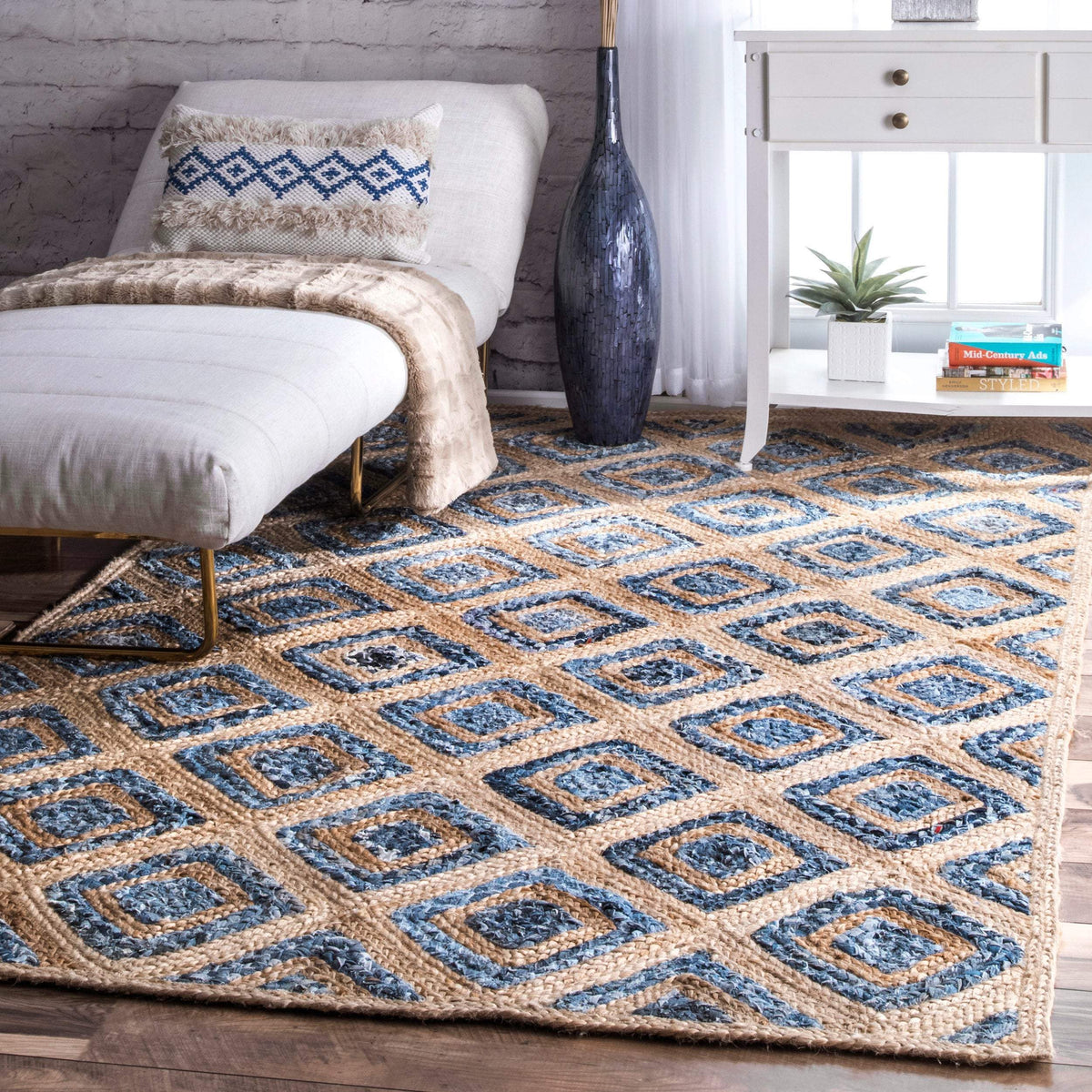 Beige Blue Jute Braided Runner Rugfor Living Room – 8 x 10 handmade by LoomifyHome