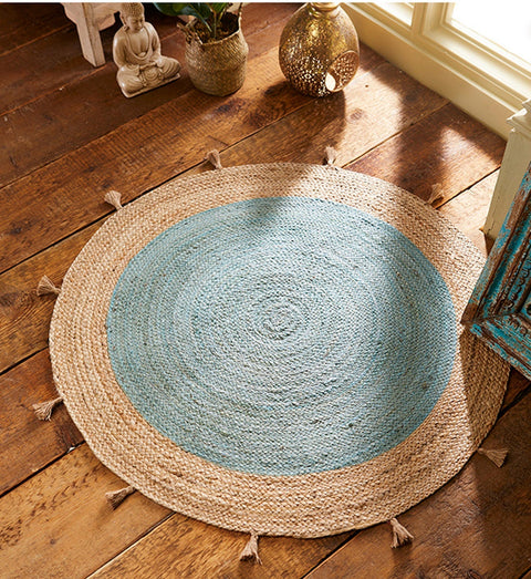 Beige Blue Jute Braided Round Rugfor Living Room – Everyday Design handmade by LoomifyHome