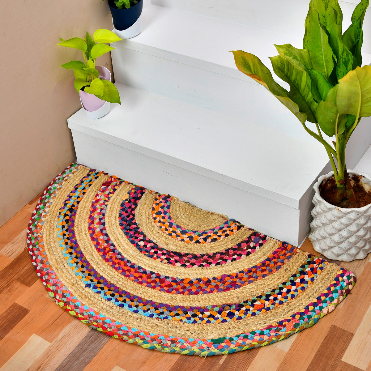 White Beige Jute Braided Half Moon Doormatfor Living Room – Front handmade by LoomifyHome