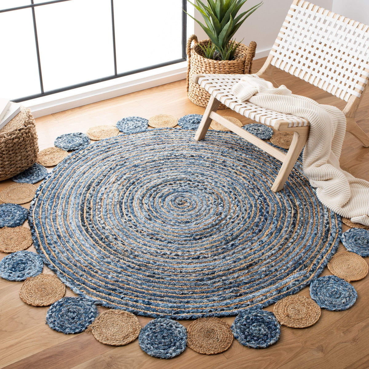 Beige Blue Jute Braided Round Rugfor Living Room – 8 x 8 handmade by LoomifyHome