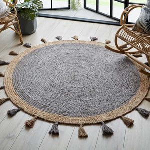 Beige Blue Jute Braided Round Rugfor Living Room – Natural Texture handmade by LoomifyHome