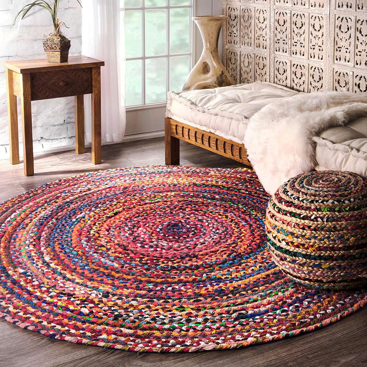 Beige Blue Jute Braided Round Rugfor Living Room – Artisan Style 27 handmade by LoomifyHome