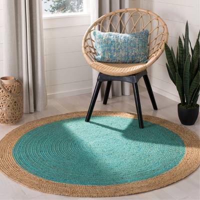 Beige Blue Jute Braided Round Rugfor Living Room – Fiber handmade by LoomifyHome