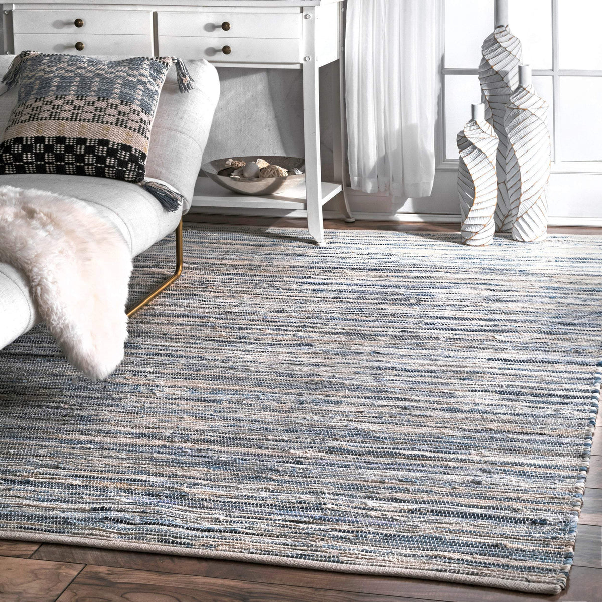Beige Blue Jute Braided Area Rugfor Living Room – 4 x 6 handmade by LoomifyHome