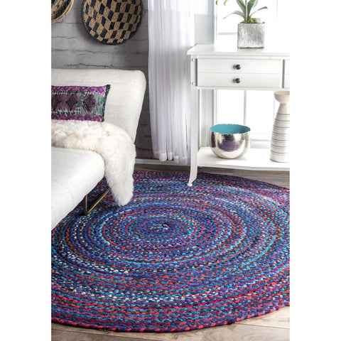 Beige Blue Jute Braided Round Rugfor Living Room – Patio handmade by LoomifyHome