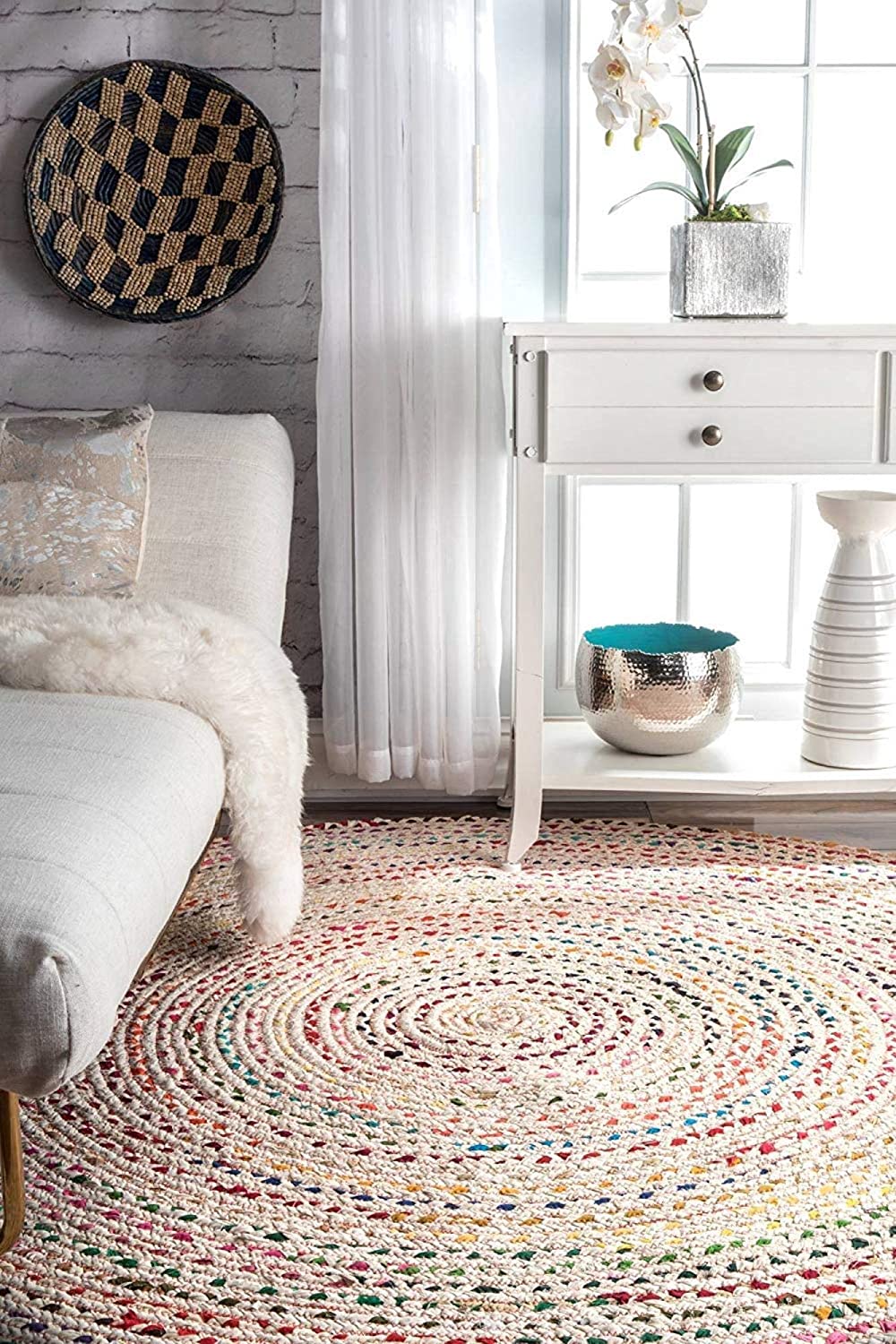 White Beige Jute Braided Round Rugfor Living Room – Recycled handmade by LoomifyHome