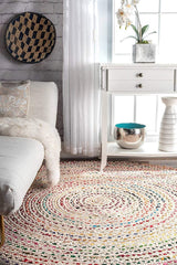 White Beige Jute Braided Round Rugfor Living Room – Recycled handmade by LoomifyHome