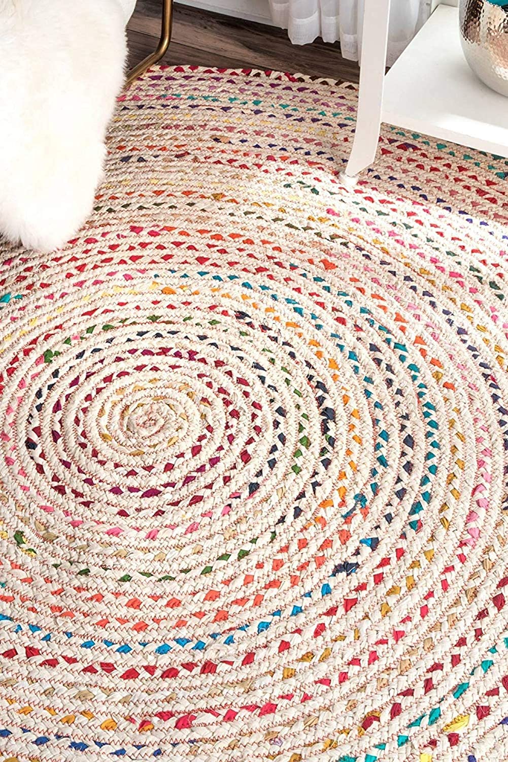 White Beige Jute Braided Round Rugfor Living Room – Recycled handmade by LoomifyHome