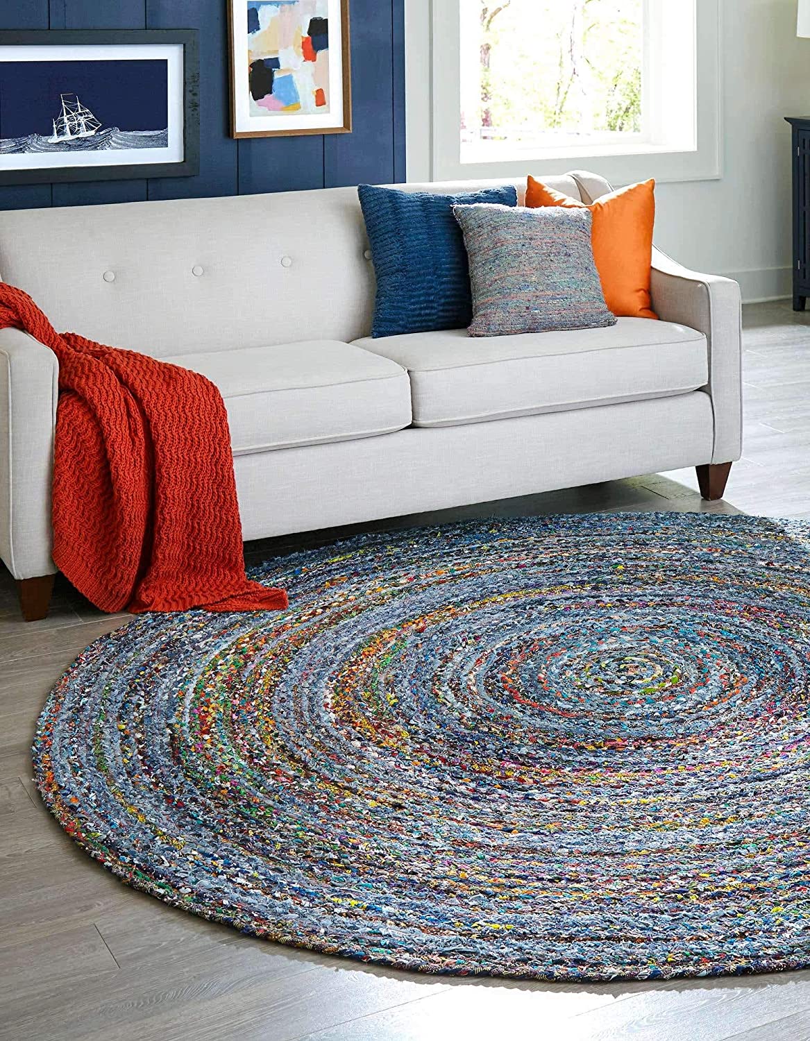 Beige Blue Jute Braided Round Rugfor Living Room – Artisan Style 33 handmade by LoomifyHome