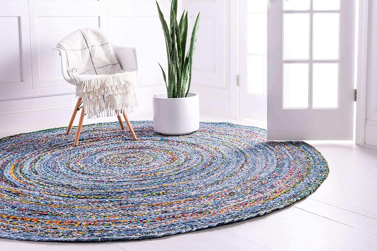 Beige Blue Jute Braided Round Rugfor Living Room – Artisan Style 33 handmade by LoomifyHome